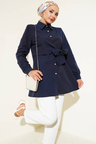 Düğmeli Yandan Bağlamalı Gömlek Lacivert - Gömlek