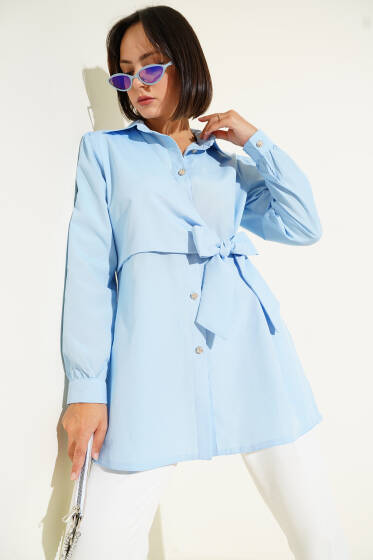 Düğmeli Yandan Bağlamalı Gömlek Mavi - Gömlek