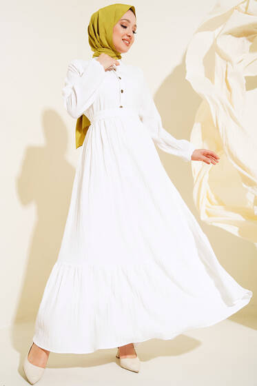 Düğmeli Yarı Patlı Kuşaklı Elbise Beyaz - Tesettür Elbise