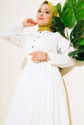 Düğmeli Yarı Patlı Kuşaklı Elbise Beyaz - Thumbnail