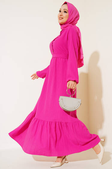 Düğmeli Yarı Patlı Kuşaklı Elbise Fuşya - Tesettür Elbise