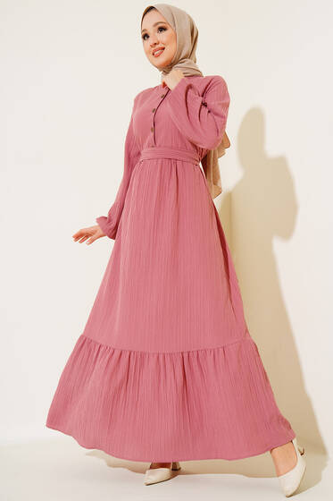 Düğmeli Yarı Patlı Kuşaklı Elbise Gül Kurusu - Tesettür Elbise