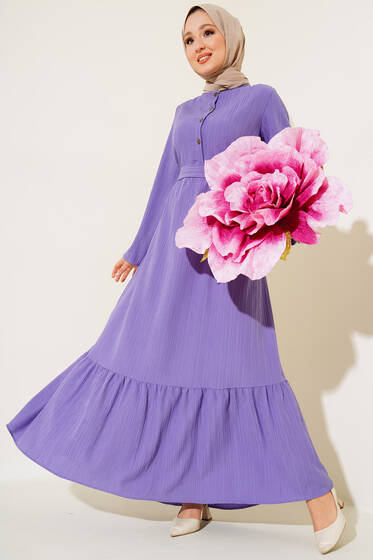 Düğmeli Yarı Patlı Kuşaklı Elbise Lila - Tesettür Elbise