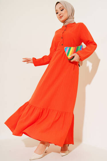 Düğmeli Yarı Patlı Kuşaklı Elbise Oranj - Tesettür Elbise