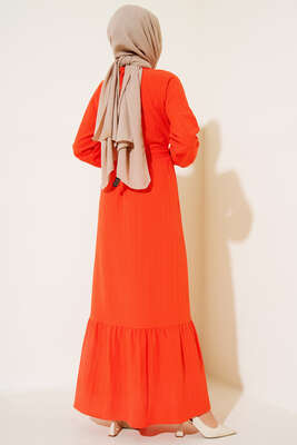 Düğmeli Yarı Patlı Kuşaklı Elbise Oranj - Thumbnail