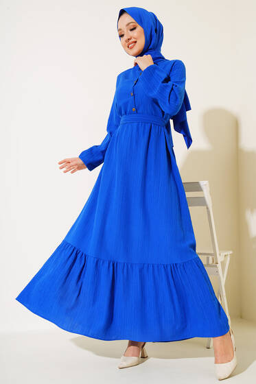 Düğmeli Yarı Patlı Kuşaklı Elbise Saks - Tesettür Elbise