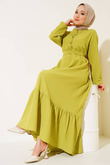 Düğmeli Yarı Patlı Kuşaklı Elbise Yağ Yeşil - Tesettür Elbise