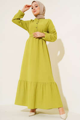 Düğmeli Yarı Patlı Kuşaklı Elbise Yağ Yeşil - Thumbnail