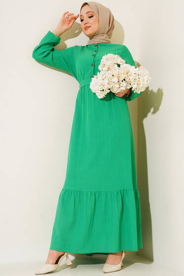 Düğmeli Yarı Patlı Kuşaklı Elbise Yeşil - Tesettür Elbise