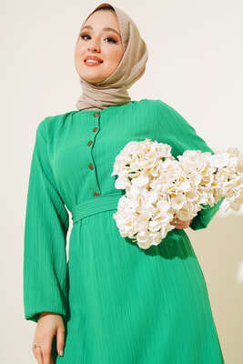 Düğmeli Yarı Patlı Kuşaklı Elbise Yeşil - Thumbnail