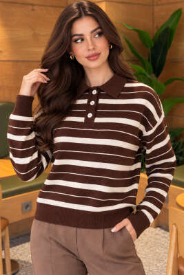 Düğmeli Yatay Çizgili Triko Kazak Kahve - Kadın Giyim Modelleri