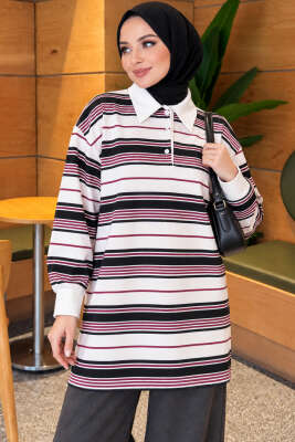 Düğmeli Yatay Çizgili Tunik Siyah - NEVA MODA
