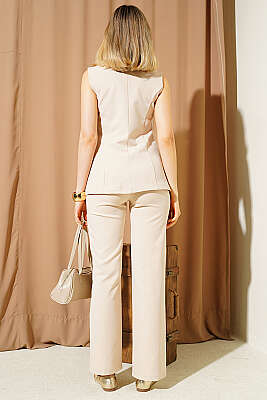 Düğmeli Yelekli Pantolon Takım Bej - Kadın Giyim Modelleri