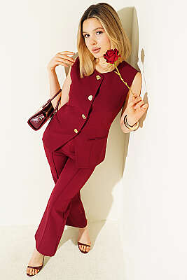 Düğmeli Yelekli Pantolon Takım Bordo - MODA BESİ