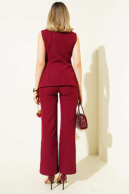 Düğmeli Yelekli Pantolon Takım Bordo - Kadın Giyim Modelleri