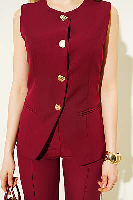 Düğmeli Yelekli Pantolon Takım Bordo - Kadın Giyim Modelleri