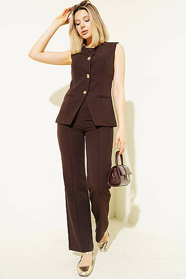 Düğmeli Yelekli Pantolon Takım Kahve - Kadın Giyim Modelleri