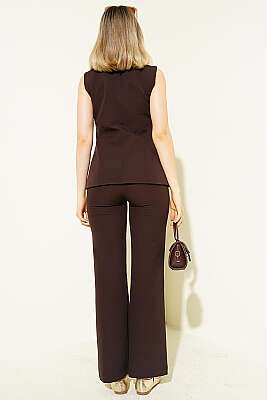 Düğmeli Yelekli Pantolon Takım Kahve - Kadın Giyim Modelleri