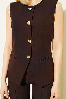 Düğmeli Yelekli Pantolon Takım Kahve - Kadın Giyim Modelleri