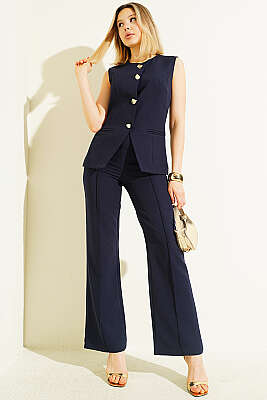Düğmeli Yelekli Pantolon Takım Lacivert - Kadın Giyim Modelleri