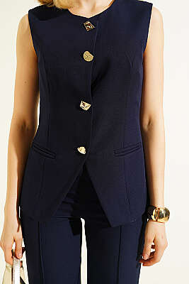 Düğmeli Yelekli Pantolon Takım Lacivert - Kadın Giyim Modelleri