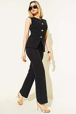 Düğmeli Yelekli Pantolon Takım Siyah - Kadın Giyim Modelleri