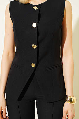 Düğmeli Yelekli Pantolon Takım Siyah - Kadın Giyim Modelleri