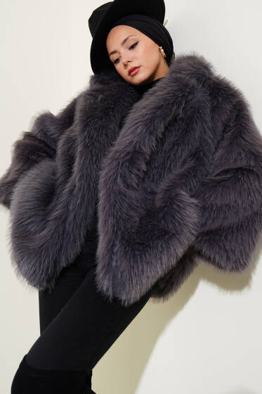 Düğmesiz Astarlı Kürk Füme - Ceket