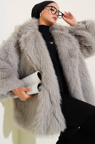 Düğmesiz Astarlı Kürk Gri - Ceket