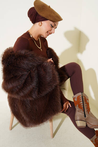 Düğmesiz Astarlı Kürk Kahve - Ceket