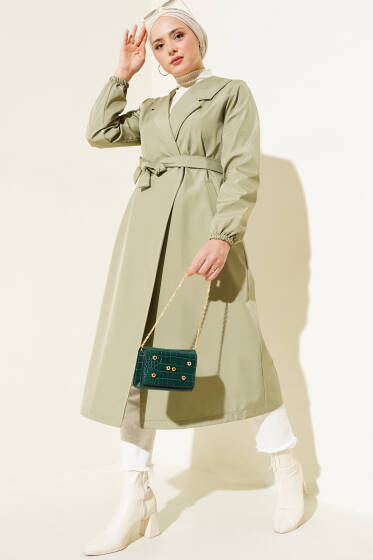 Düğmesiz Model Kuşaklı Trençkot Çağla Yeşili - Trençkot