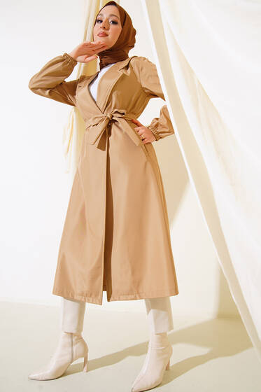 Düğmesiz Model Kuşaklı Trençkot Camel - Trençkot