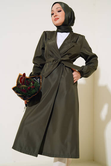 Düğmesiz Model Kuşaklı Trençkot Haki - Trençkot