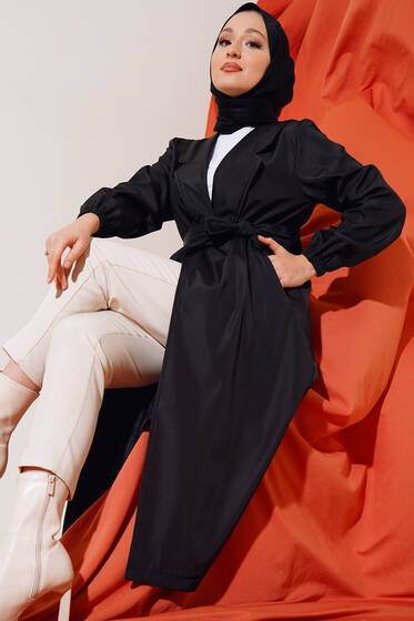 Düğmesiz Model Kuşaklı Trençkot Siyah - Trençkot