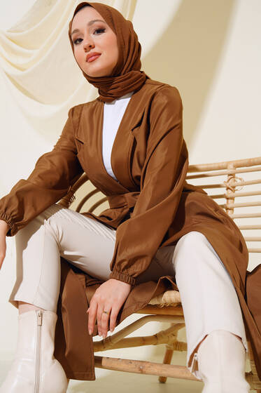 Düğmesiz Model Kuşaklı Trençkot Taba - Trençkot