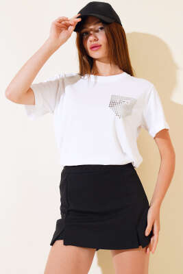 Dun İşlemeli T-shirt Beyaz 