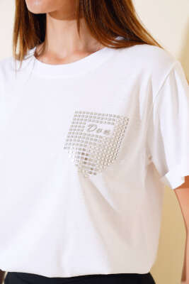 Dun İşlemeli T-shirt Beyaz - Kadın Giyim Modelleri