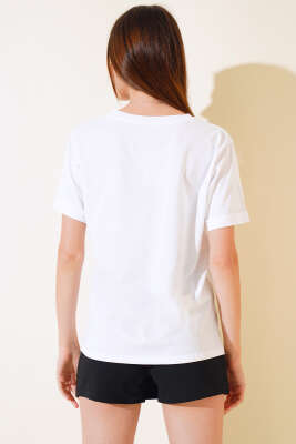 Dun İşlemeli T-shirt Beyaz - Kadın Giyim Modelleri