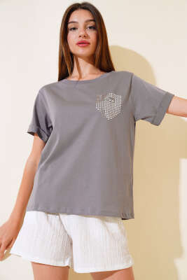 Dun İşlemeli T-shirt Füme 