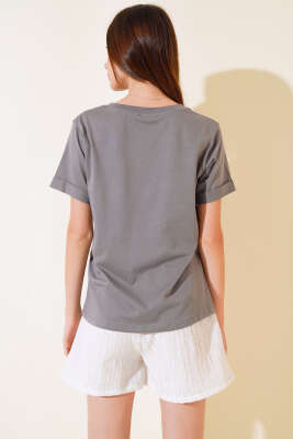 Dun İşlemeli T-shirt Füme - Kadın Giyim Modelleri