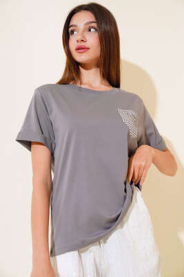 Dun İşlemeli T-shirt Füme - Kadın Giyim Modelleri