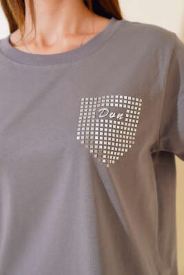 Dun İşlemeli T-shirt Füme - Kadın Giyim Modelleri