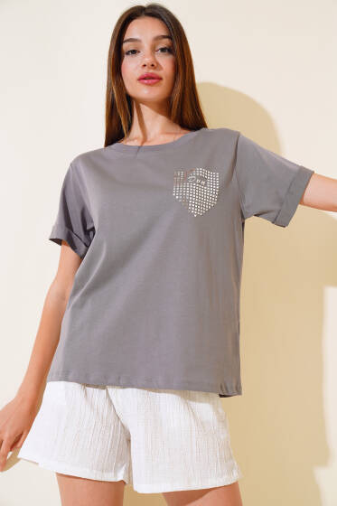 Dun İşlemeli T-shirt Füme - Yeni Giyim