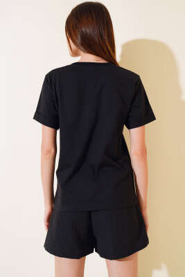 Dun İşlemeli T-shirt Siyah - Kadın Giyim Modelleri