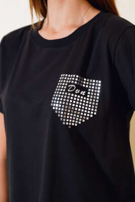Dun İşlemeli T-shirt Siyah - Kadın Giyim Modelleri