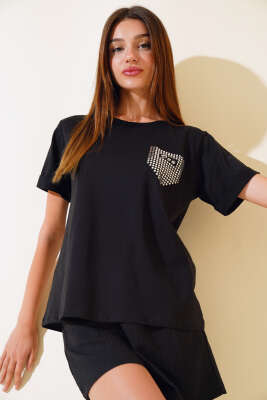 Dun İşlemeli T-shirt Siyah - Kadın Giyim Modelleri