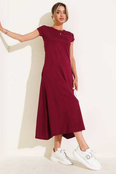 Düşük Kol Cepli Midi Elbise Bordo - Kadın Giyim Modelleri