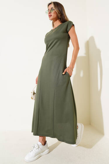 Düşük Kol Cepli Midi Elbise Haki - Kadın Giyim Modelleri