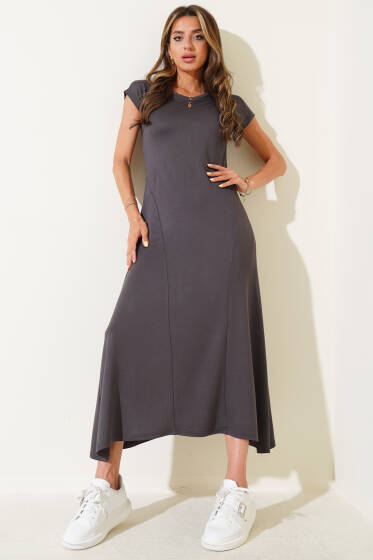 Düşük Kol Cepli Midi Elbise Kayrak Grisi - Kadın Giyim Modelleri