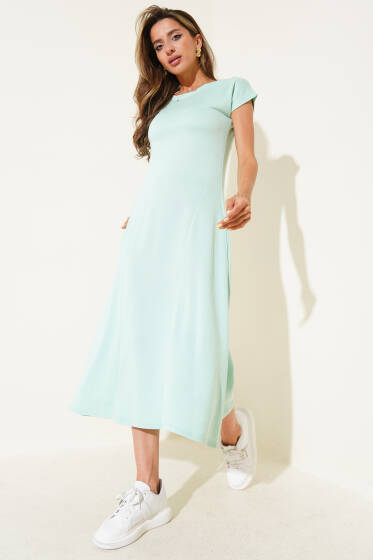 Düşük Kol Cepli Midi Elbise Su Yeşili - Kadın Giyim Modelleri